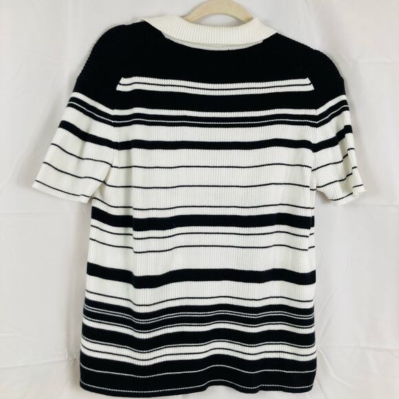 VTG Womens L White & Black Stripe Ribbed Polo Sweater Preppy 90s Old Money Retro - Picture 2 of 8